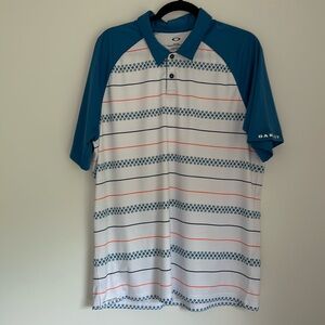 Oakley golf polo white with blue and orange striped design XL
